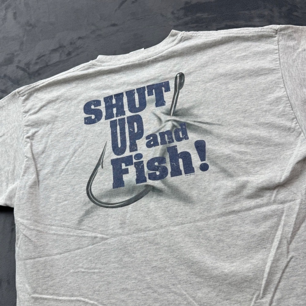 Gildan Mens XL Gray Shut Up and Fish Graphic T-Shirt Fishing Hook Heavyweight